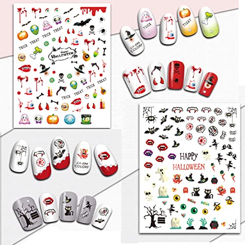 Halloween Nail Decals Stickers - 12 Sheets, Self-Adhesive Nail Art Tips, Pumpkin Bat Ghost Witches