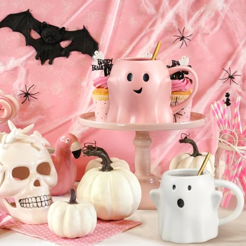 Halloween Ghost Mug Set - 14 oz Ceramic Drinkware with Golden Spoons