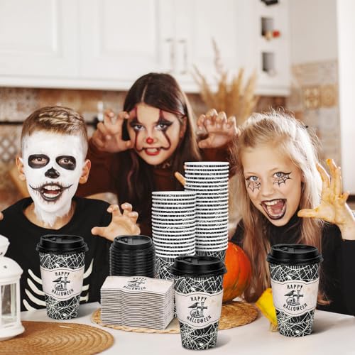 Halloween Spider Web Disposable Coffee Cups 16oz with Lids & Sleeves - Trick or Treat Party Supplies
