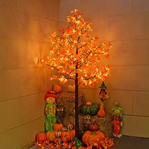 7FT LED Lighted Maple Tree - Fall Harvest Decor with 208 Warm White Lights - Orange for Thanksgiving & Holidays