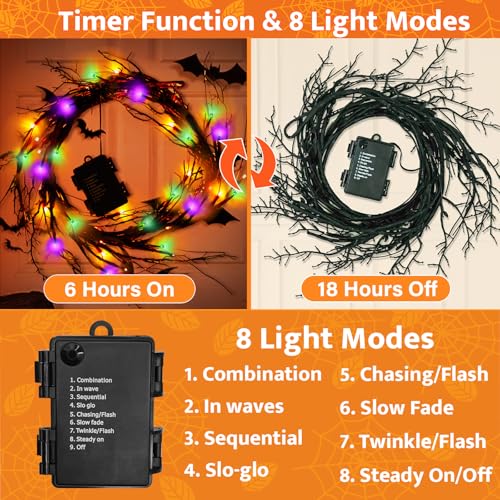 9Ft Halloween Willow Vine Twig Garland with 72 LED Lights - Orange, Purple, Green, 8 Modes & Waterproof, Battery Operated - Variation of THIS listing