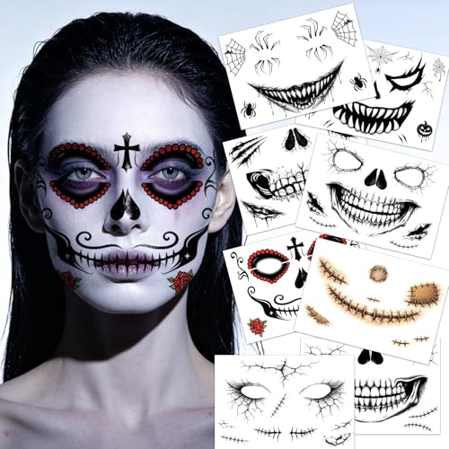 Halloween Face Temporary Tattoos Brown 8 Large Sheets & 30 Small Stickers for Kids & Adults