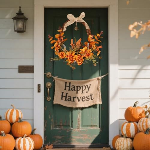 Artificial Fall Wreath with Orange Flowers, Bell & Bow for Front Door - Autumn Decor, Variation: Orange