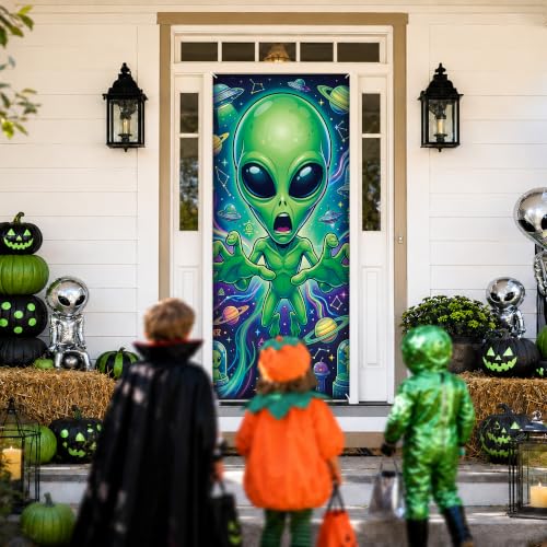 Halloween Alien Door Cover Banner - 3D Reaching Hands, Funny Extraterrestrial Decor, 78x35 Inches