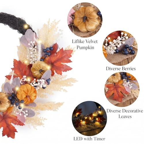 24-Inch Collapsible Fall Wreath with Pumpkins and Lights for Front Door