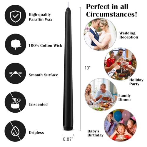 Black Taper Candles for Halloween - 10 Inch, Pack of 4, Long Burn Time