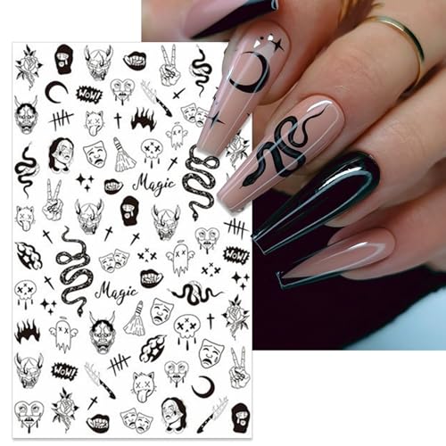 Gothic Snake & Skull Nail Art Stickers - Halloween Self-Adhesive 3D Nail Decals, 6 Sheets