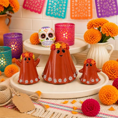 Orange Ghost Figurines Set of 3 Day of The Dead Halloween Home Decor
