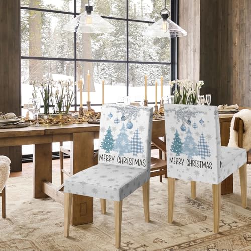 Blue Christmas Chair Covers Set of 6 - Durable Spun Polyester Holiday Decor