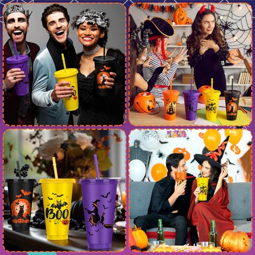 Halloween Plastic Tumblers with Lids & Straws - 12 Pack 20oz Reusable Party Cups