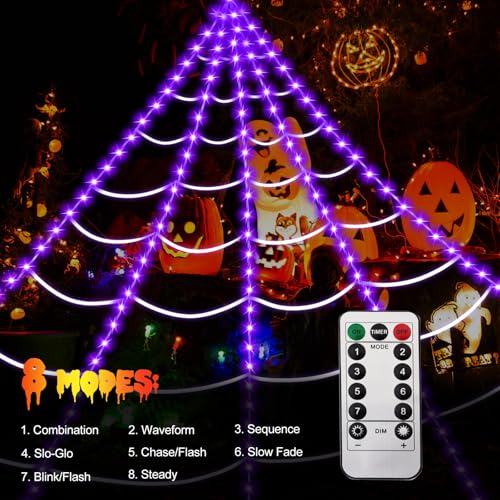 Purple Halloween Spider Web Lights with Remote, 16.4Ft, 8 Modes & Giant Spider