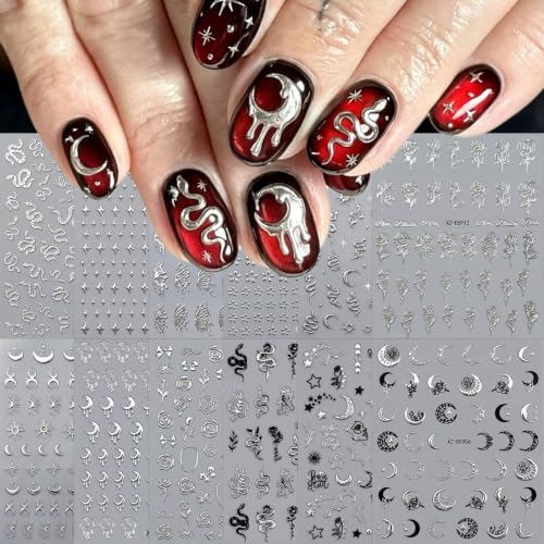 Silver Snake Nail Stickers with Star & Moon Design - Color12
