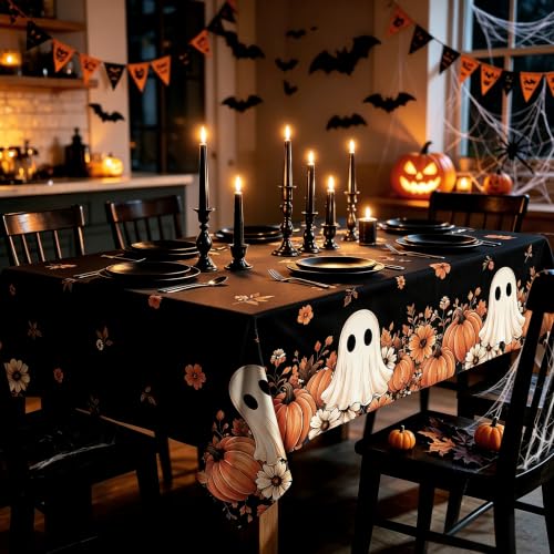 Black Halloween Rectangular Tablecloth 60 x 120 Inch Spooky Ghost Pumpkin Design Washable Indoor Outdoor Decor - Variation of THIS listing