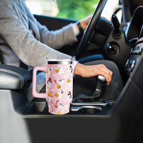 Pink 40 oz Halloween Ghost Tumbler with Handle, Leak-Proof Lid & Straw