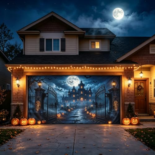 Halloween Castle Garage Door Cover Banner 8x7FT Haunted Mansion Backdrop Outdoor Halloween Decor