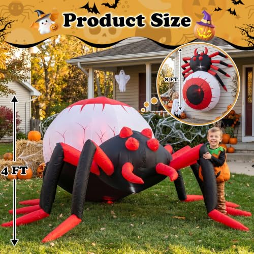 8FT Inflatable Halloween Spider Decoration with LED Lights, Weatherproof Yard Decor