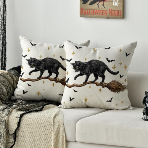 Halloween Black Cat Throw Pillow Cover Set of 2 18x18 Inches - Durable Polyester