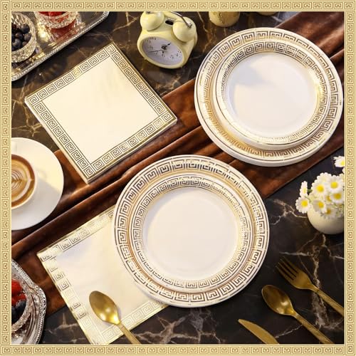 Greek Mythology Party Supplies Set - Gold Theme for 24 Guests, Includes Plates, Napkins, Cutlery, Variations Available