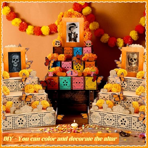 Dia de Los Muertos Ofrenda Wooden Box Set - 102 Pcs with Marigold Garland & Butterflies - Fresh Variation