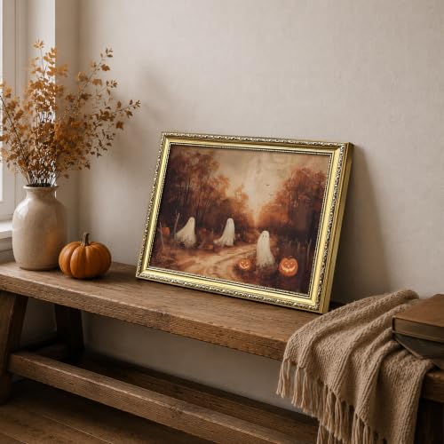 Autumn Ghost Framed Wall Art - 16x12in Halloween Pumpkin Canvas Print, Fall Farmhouse Decor