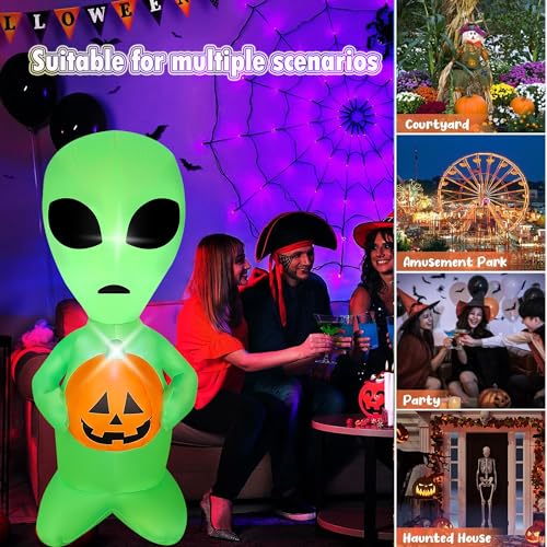 4FT Halloween Inflatable Alien with Pumpkin Decor and LED Lights
