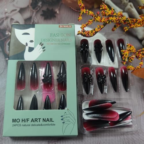 Halloween Long Stiletto False Nails Blood Set - Black Bow Tie Variation 23
