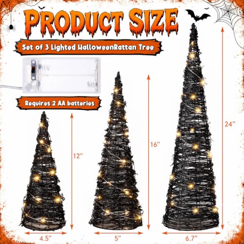 Halloween Rattan Cone Trees Set - Lighted Black Decor for Haunted House, 24/16/12 Inch - Variation: Black / Halloween
