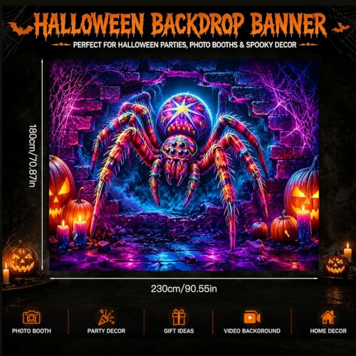 Neon Spider Halloween Banner - 71x91 Inches Polyester, Party Decor, Spooky Yard Display