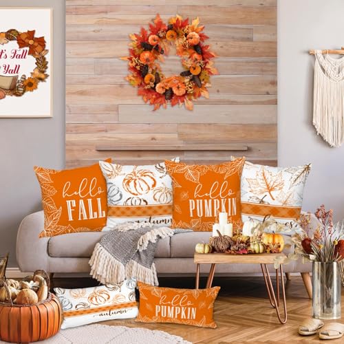 Fall Pillow Covers Set of 4 - 24x24 Inch Autumn Cushion Cases for Thanksgiving & Halloween - Orange / 24"x24"