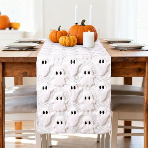 Halloween 3D Ghost Jacquard Table Runner - White, 13 x 72 Inch for Festive Decor