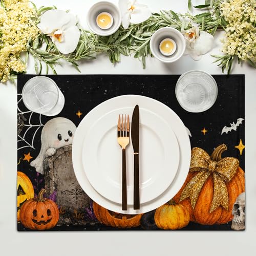 Halloween Placemat Set of 4 - Spooky Ghosts Pumpkins Cats Bats Web Table Mats
