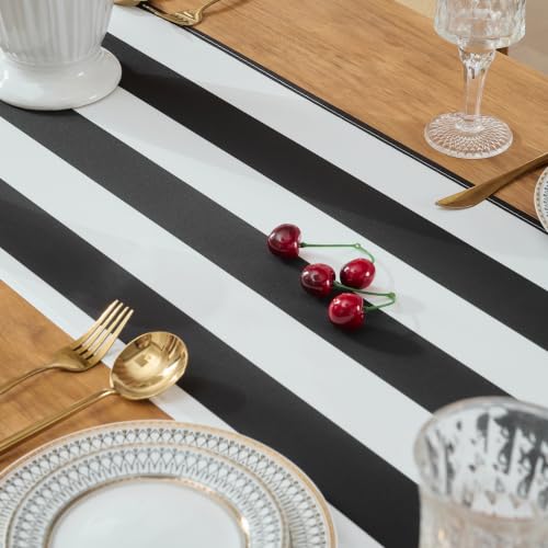 Black and White Striped Table Runner 13x72 Inch - Waterproof Farmhouse Decor - 1 Pack