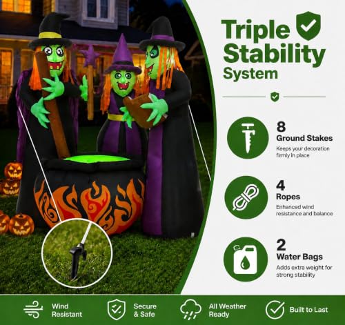 6 FT Halloween Inflatable Witch Scene - Black Witches Around Cauldron with Built-in LED Lights Outdoor Decorations