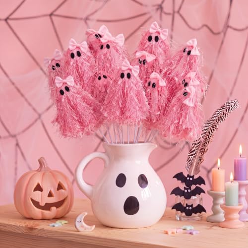 Pink Halloween Ghost Stem Picks - 12 Inch Glitter Ghost Decorations - Set of 12