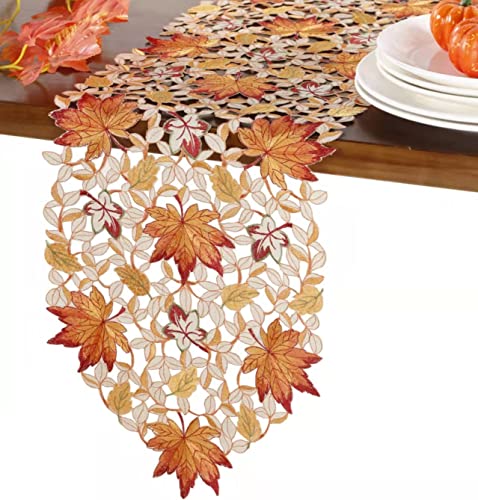 Fall Halloween Table Runner 13x34 Inches with Maple Leaves & Pumpkins - Autumn Dining Decor - Variation: Maple Leaves / 13x34