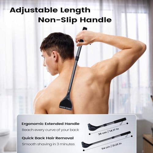 ETbyto Back Shaver for Men - Retractable Long Handle Back Hair and Body Shavers,Replaceable Multi-Layer Double Blades（8PCS）, Ergonomic DIY Wet or Dry Shaving Solution - Black