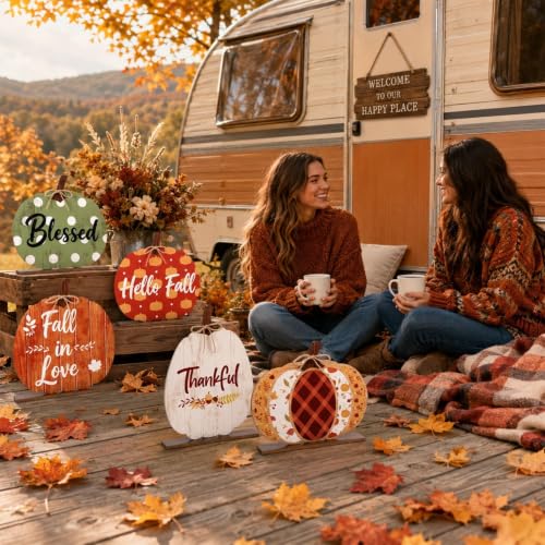 5 Pack Double-Sided Wooden Pumpkin Porch Signs for Fall Halloween Thanksgiving Yard Decor