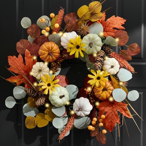 18-Inch Fall Halloween Wreath with Lights & Timer - White, Green, Brown