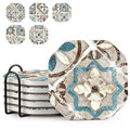 Mandala Ceramic Coasters Set of 6 with Holder - Absorbent Vintage Tile