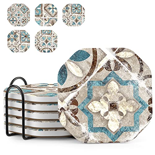 Mandala Ceramic Coasters Set of 6 with Holder - Absorbent Vintage Tile