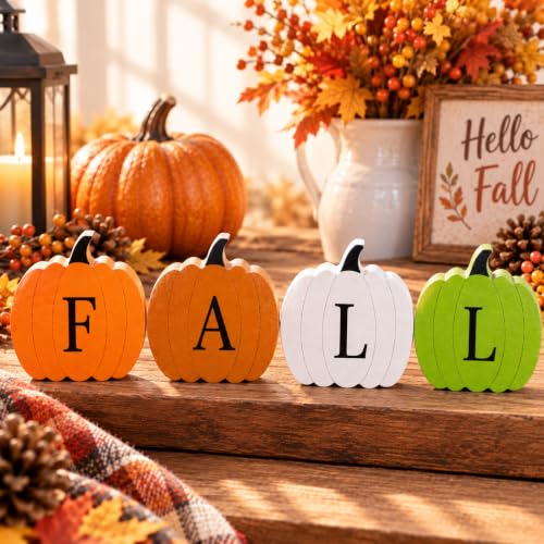 4 PCS Fall Pumpkin Wooden Decor Set - Autumn Halloween Desk Ornaments