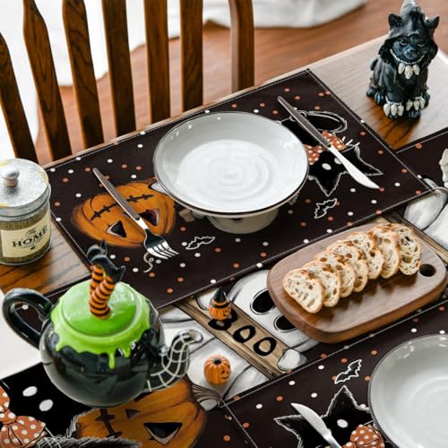 Black Cat Ghost Halloween Placemats Set of 4 - 12x18 Inch Rectangular