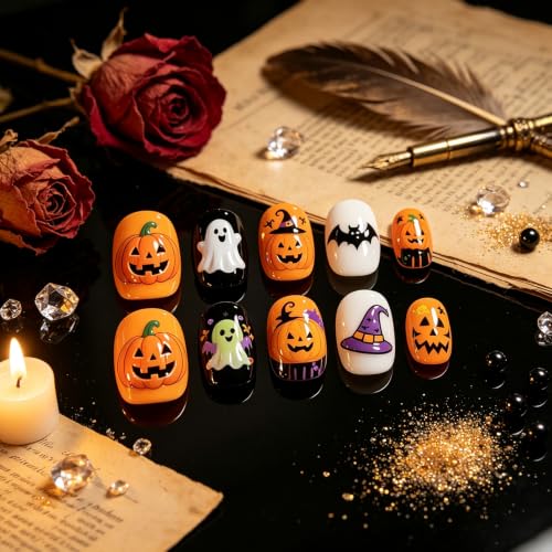 Halloween Press On Nails - Cute Short Oval Glossy Fake Nails with Variation Halloween Nails-011