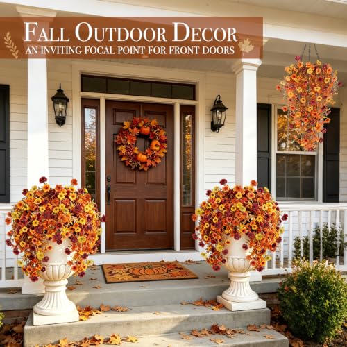 Artificial Fall Flowers for Outdoors - 4pcs Autumn Decor in Orange Yellow Brown