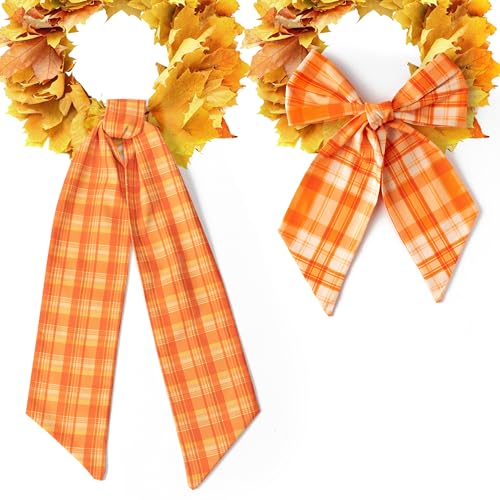 Autumn Plaid Wreath Sash Set - 2 Pcs Fall DIY Bow Decorations for Front Door Thanksgiving Halloween