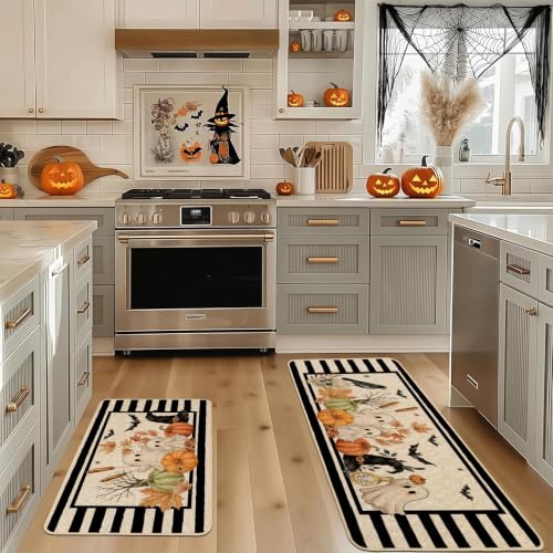 Halloween Kitchen Rugs Set of 2 - Witch Hat Pattern, 17x29 & 17x47 Inches