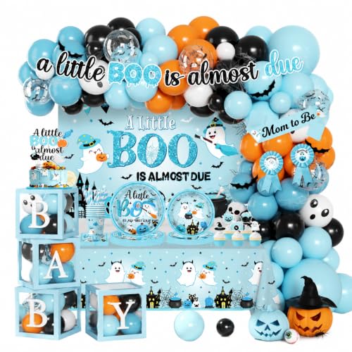 Blue Halloween Baby Shower Decorations Kit with Balloon Arch and Party Supplies