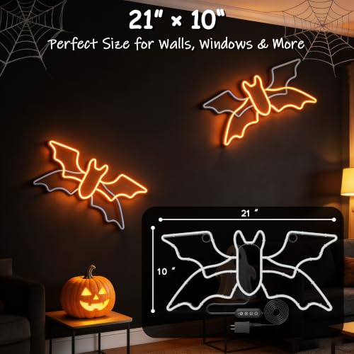 Orange Bat Neon Sign for Wall Decor Halloween Party Indoor Outdoor 21x10in