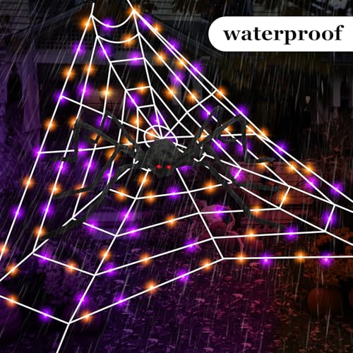 Halloween Spider Web Lights with 50-Inch Plush Spider & Stretch Cobweb - Remote Control, 8 Modes, Waterproof Yard Decor
