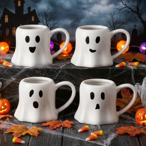 White Ghost Coffee Mug Set - 4 Pieces Halloween Ceramic Cups 11 oz - Ghost Face Design